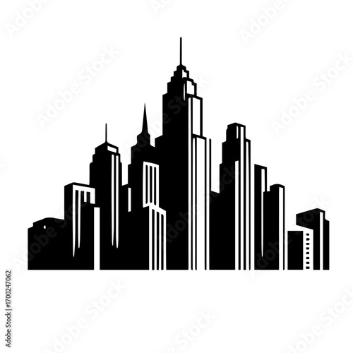 Black and white vector silhouette of city skyline on white background