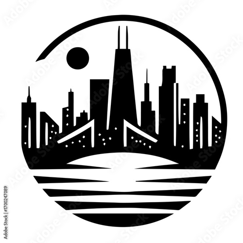 Black and white vector silhouette of city skyline on white background