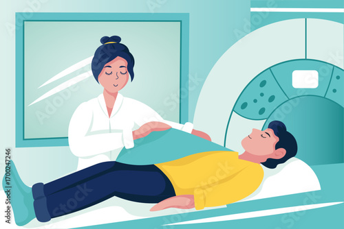 A health worker helps a patient prepare for an MRI scan. The patient lies on the table of the machine, and the doctor carefully supports him. A round MRI scanner is visible in the background. 