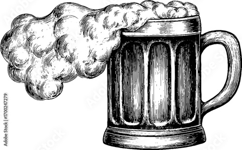 Vintage beer mug with foam in engraving style for poster or label design