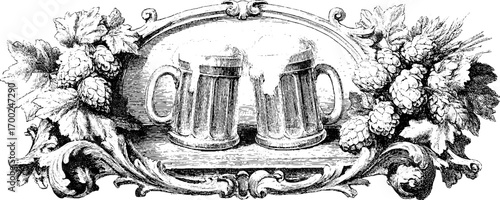 Vintage engraving of beer mugs with hop design for brewery label and decor