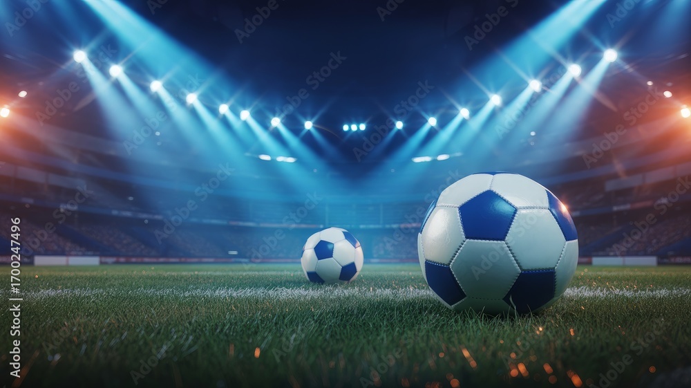 Naklejka premium A classic black and white leather soccer ball rests on the green grass of a stadium field, ready for the game