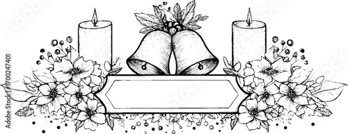 Vintage holiday bells and floral arrangement with candles - perfect for festive designs