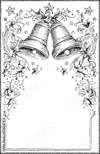 Vintage christmas bells with holly and stars - elegant engraving design for festive decoration