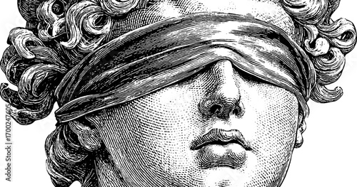 Vintage engraving of blindfolded statue bust in detailed silhouette design for print