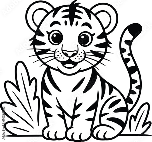 Cute cartoon tiger cub sitting in grass with a happy expression and playful striped tail black and white line art illustration