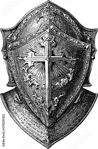 Vintage engraving of ornate breastplate shield with religious motif