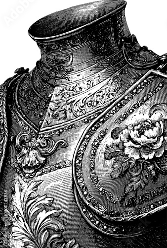 Vintage armor breastplate with floral design in engraving style - perfect for historical artwork