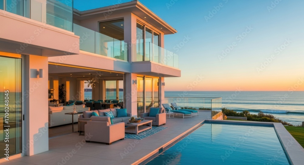 Obraz premium Modern Luxury Beachfront Villa with Pool and Sunset View