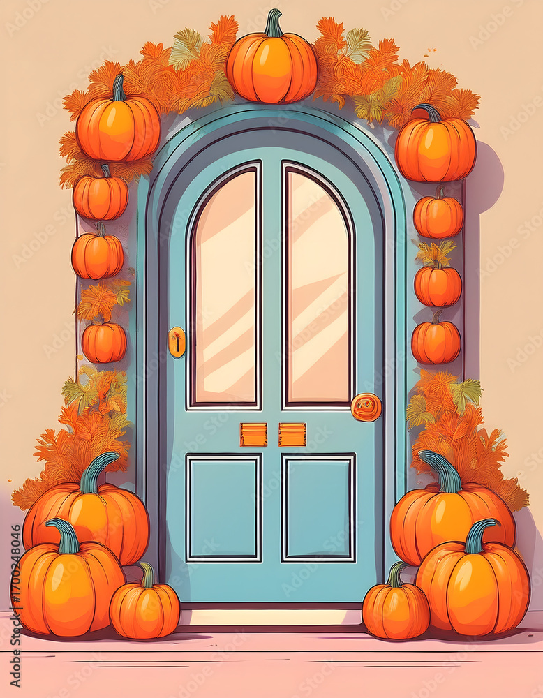 Obraz premium Charming autumn doorway illustration featuring a festive arch of bright orange pumpkins and fall foliage against a light blue door
