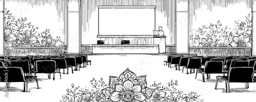 Vintage engraving style illustration of business conference hall with floral accents