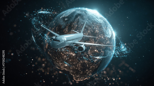 Fototapeta Naklejka Na Ścianę i Meble -  A plane flying in front of a globe with city lights and digital particles in dark space