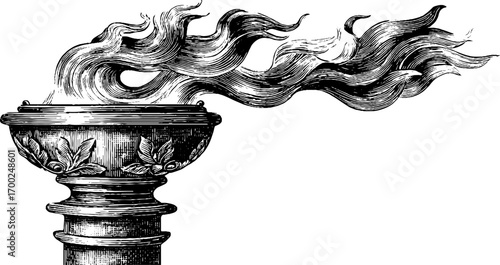 Vintage engraving of ornate candlestick with flowing flames design for decor and art