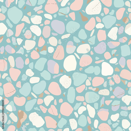 Seamless Terrazzo Pattern with Pastel Colored Stone Fragments and Light Blue Background, patern seamless, Stock royalty image.