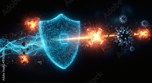 Digital shield deflecting incoming viruses and pathogens in a futuristic digital abstract background representing cybersecurity and health defense