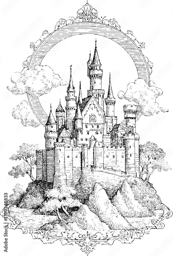 Fototapeta premium Enchanting medieval castle in vintage engraving style for artistic prints and designs