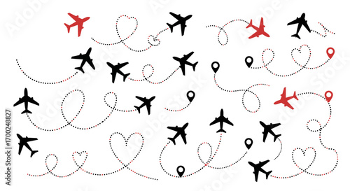 Vector icon sheet of airplanes with dotted flight paths forming loops and heart shapes aviation, airline branding, global tourism, romantic journeys, vacation travel, and international connections