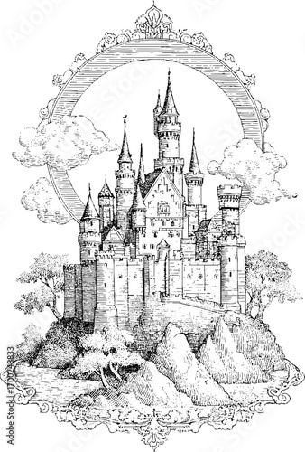 Enchanting medieval castle in vintage engraving style for artistic prints and designs