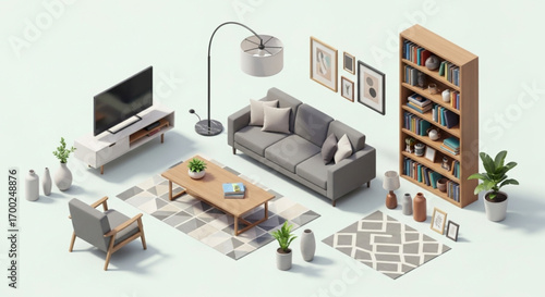  Isometric Home Interior Elements Illustration at Eye-Level View