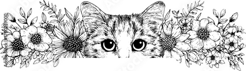 Vintage cat engraving with floral border design for posters and cards