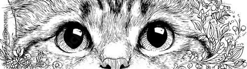 Vintage engraving style illustration of cat with botanical elements for art and design