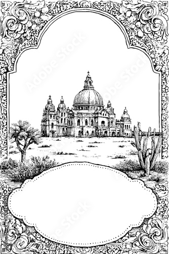 Elegant vintage engraving of cathedral with ornate frame for decorative design