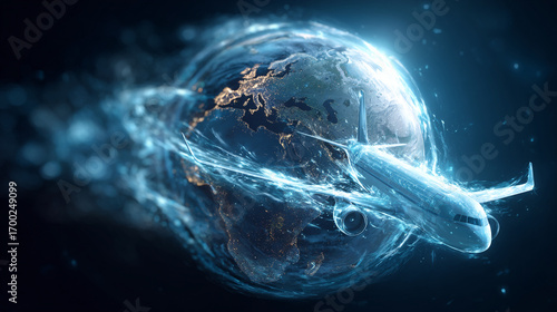 Airplane flying around earth with blue energy effects in a dark space background view