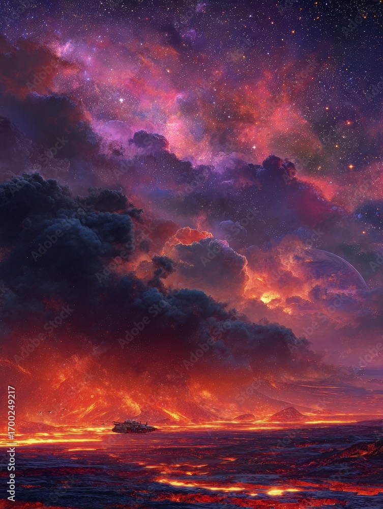 Naklejka premium Fiery Cityscape At Night Under Starry Sky