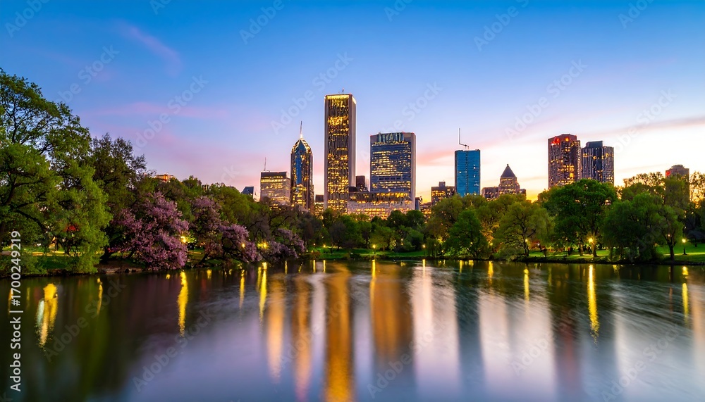 Fototapeta premium Chicago skyline at dusk reflected in a park pond