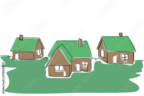 Continuous line drawing illustrating three traditional houses with sustainable green roofs, emphasizing eco-friendly living and architecture for World Green Roof Day, architecture concept.