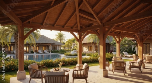Elegant Outdoor Poolside Lounge Area Under Wooden Pavilion in Tropical Resort
