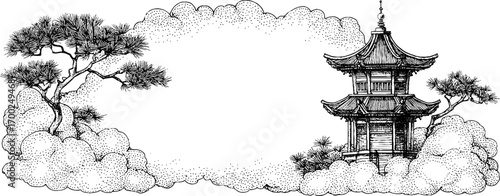 Chinese garden scene with traditional pavilion and pine trees in vintage engraving style