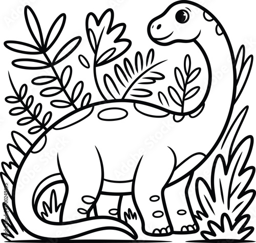 Cute cartoon dinosaur with long neck and spots standing among lush green prehistoric plants and leaves in a simple line drawing style