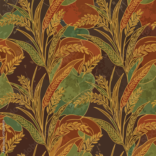Seamless pattern with hand drawn rice plants and leaves in earthy tones, patern seamless, Stock royalty free.