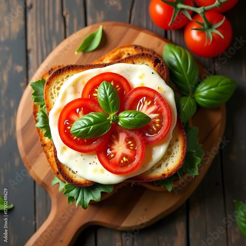 Basil on Golden Bread, Gourmet Open-Faced Caprese Sandwich with Ripe Cherry Tomatoes and Creamy Cheese, Vibrant Breakfast Bruschetta Toasted Bread with Fresh Basil, Tomato, and Melted Mozzarella