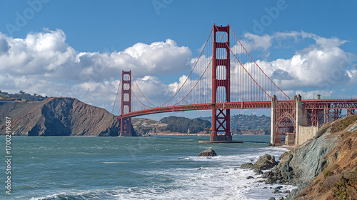 Golden gate bridge view from coastline with waves and cloudy sky in san francisco bay area
