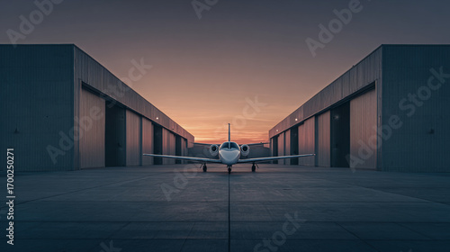 A private jet parked on the tarmac between two hangars at sunset with a colorful sky above