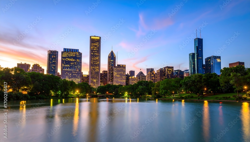 Fototapeta premium Chicago skyline at twilight reflecting on a pond
