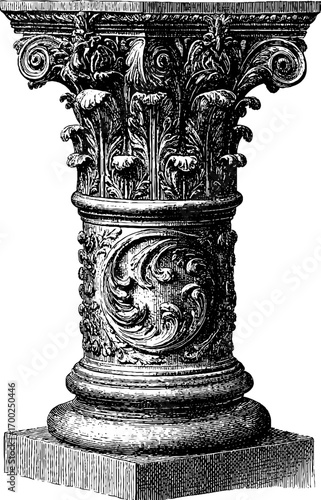 Intricate corinthian column capital in vintage engraving style for classic design concepts