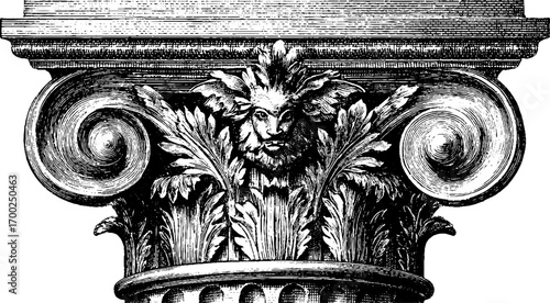 Vintage corinthian column capital with ornate engraving in classical style
