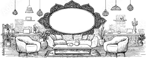 Vintage engraving style illustration of a cozy coworking space