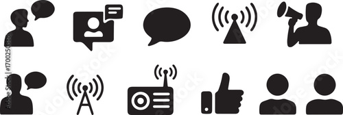 Collection of communication and social media icons representing connection and broadcasting