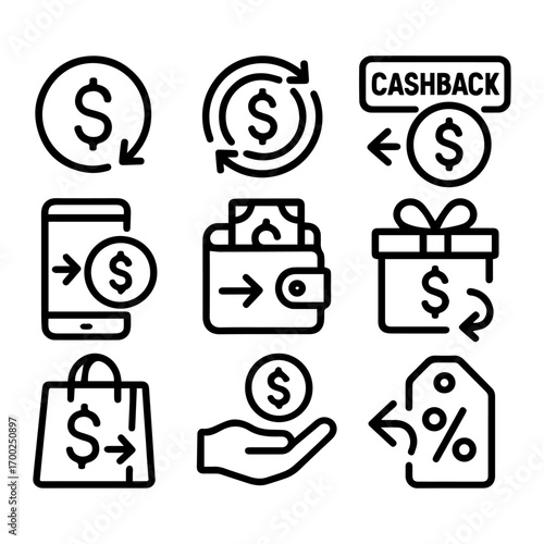 Nine Bold Cashback and Transaction Icons.