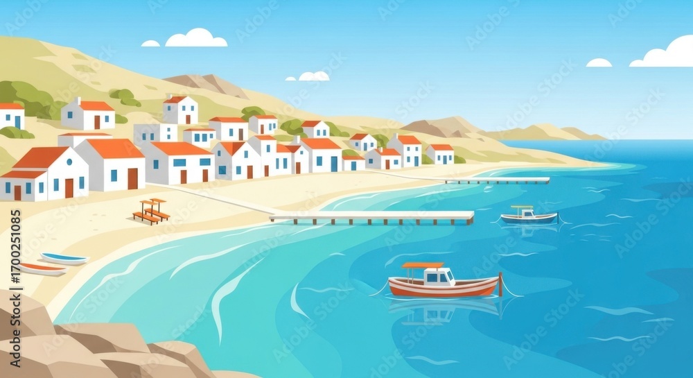 Fototapeta premium Colorful Coastal Village with Boats and Beach Scene in Bright Sunny Weather