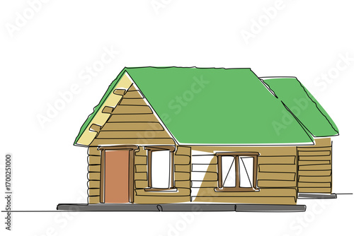 Single line drawing of a rustic log house with a lush green roof, emphasizing traditional eco-friendly architecture and sustainable housing for World Green Roof Day, architecture concept.