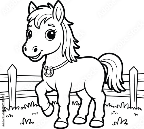 Adorable cartoon illustration of a friendly young horse standing in a grassy field behind a wooden fence ready for coloring