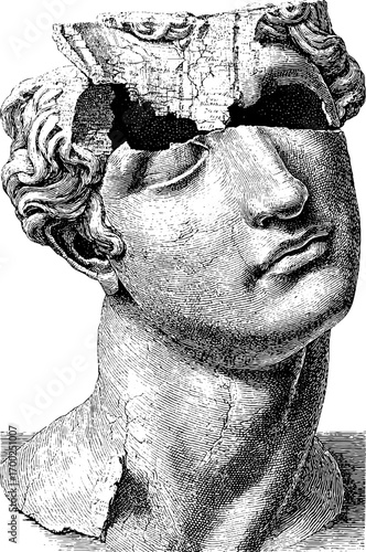 Vintage engraving style sketch of david's statue fragment for retro design