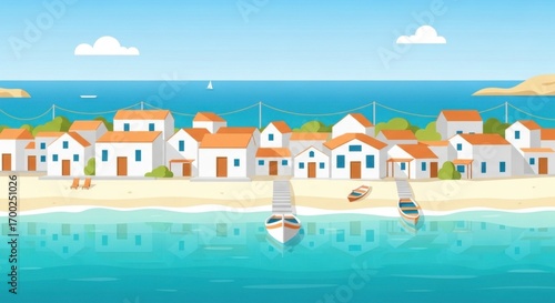 Coastal Village with White Houses and Boats on Calm Blue Water Under Clear Sky