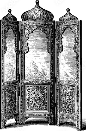 Vintage engraving style illustration of decorative ornate folding screen for interior design