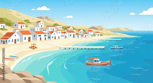 Colorful Coastal Village with Boats and Beach Scene in Bright Sunny Weather